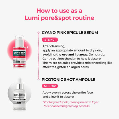 [Dr.Melaxin Official Shop]Lumi Pore & Spot Care Duo | Shrinks Pores & Fades Blemish Marks | Cyano Pink Spicule Serum + Picotonic Shot Ampoule SET