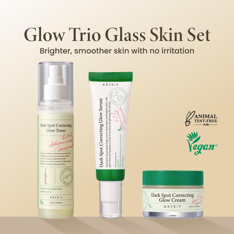 AXIS-Y Glow Trio Glass Skin Set - Dark Spot Correcting Serum + Dark Spot Correcting Toner + Dark Spot Correcting Cream Vegan Korean Skin Care Bundle