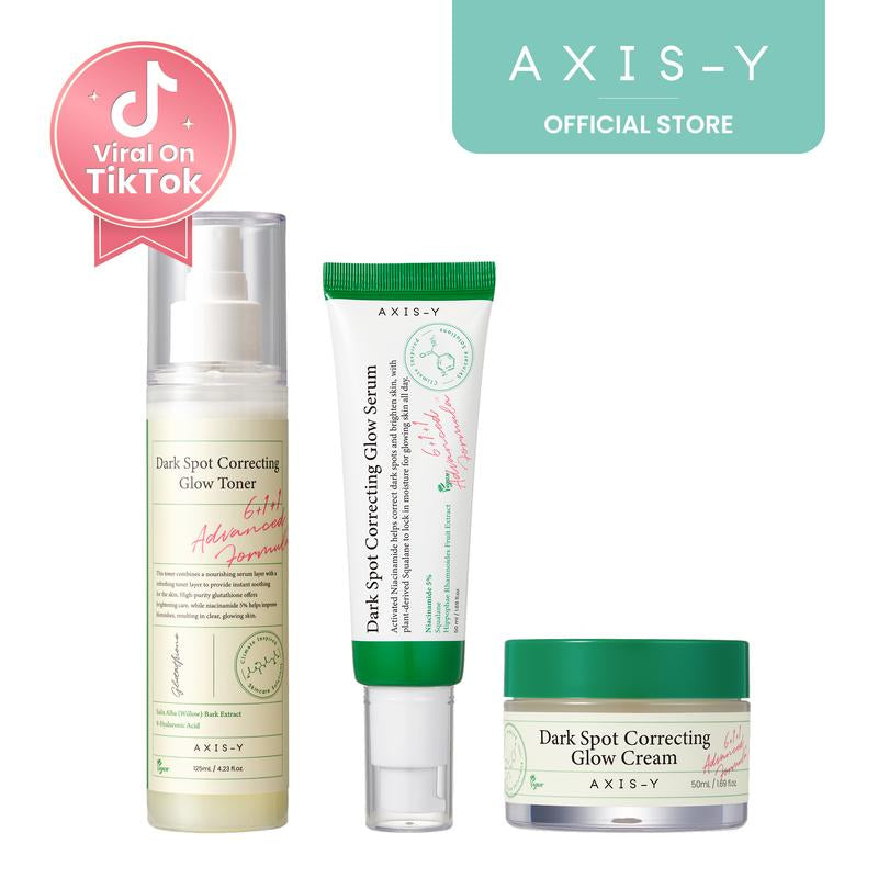 AXIS-Y Glow Trio Glass Skin Set - Dark Spot Correcting Serum + Dark Spot Correcting Toner + Dark Spot Correcting Cream Vegan Korean Skin Care Bundle