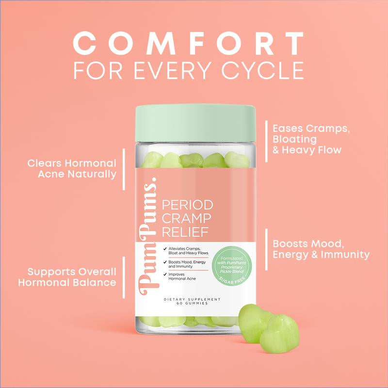 Pumpums Period Cramp Relief – Period Gummies Formulated with Pickle Extract & ACV – Menstrual Cramp + PMS + Bloating Support
